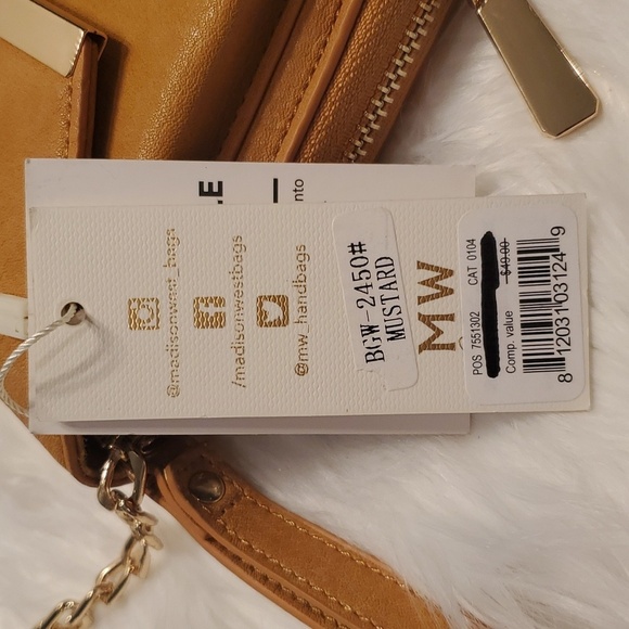 Madison West Crossbody Clutch Wristlet Handbag. Faux Leather Gold Chain Mustard - Picture 6 of 6